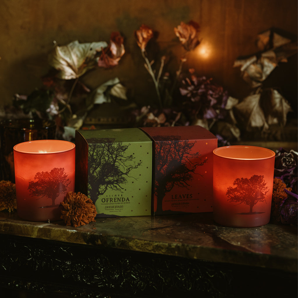 gilded fall leaves ofrenda candle set