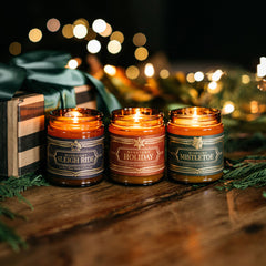 Home For The Holidays Bundle, Midnight Mistletoe, Moonlight Sleigh Ride, and Hometown Holiday candles
