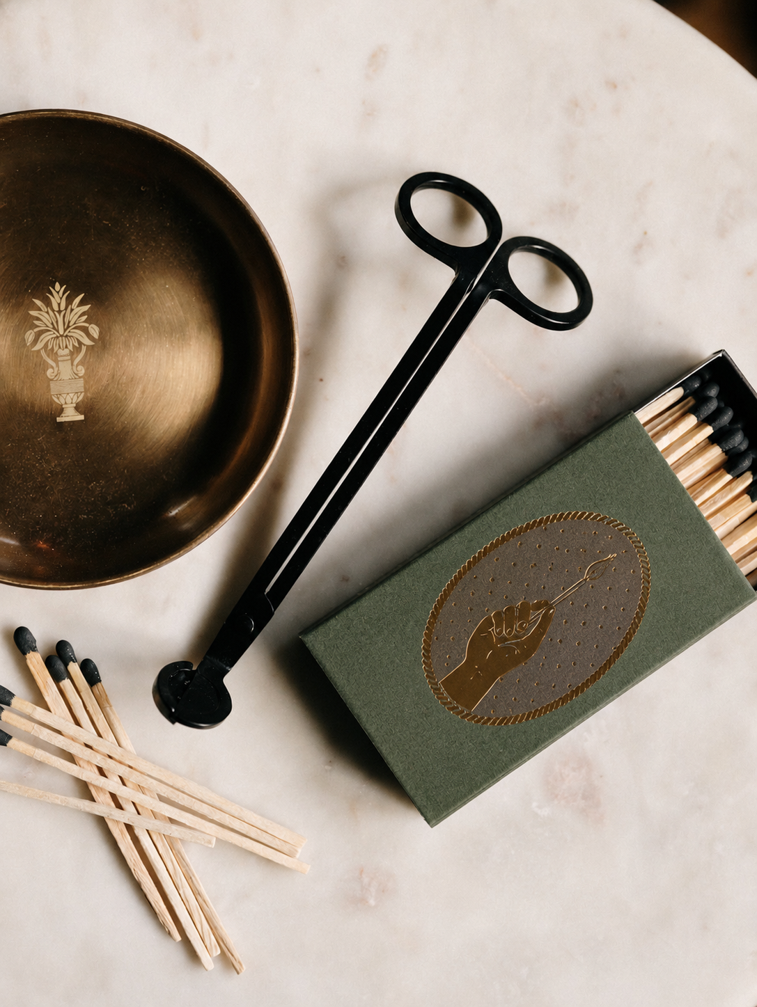 Candle Care Kit Brass Tray Black Wick Trimmer and Green Matches