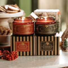 Jackson Vaughn Lone Star Holiday Pair, Texas and Texas Holiday candles with cookies and gingerbread