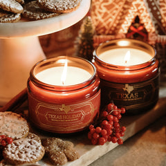 Jackson Vaughn Lone Star Holiday Pair, Texas and Texas Holiday candles with cookies and gingerbread