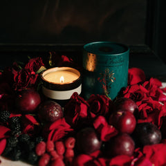 peacock feather rose raspberry candle